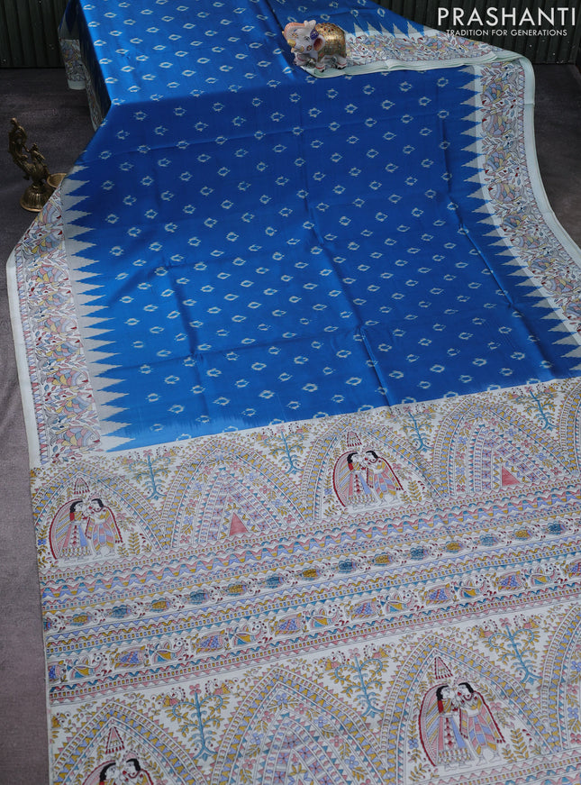 Pochampally silk saree cs blue and cream with allover ikat woven buttas and madhubani prints