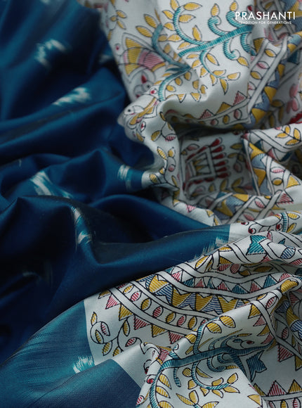 Pochampally silk saree cs blue and cream with allover ikat woven buttas and madhubani prints