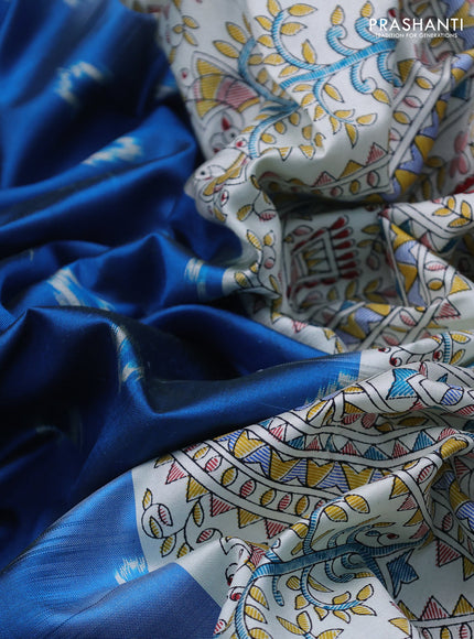 Pochampally silk saree cs blue and cream with allover ikat woven buttas and madhubani prints