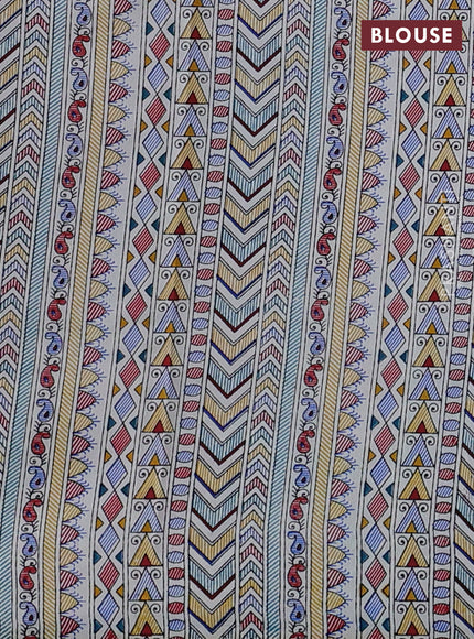 Pochampally silk saree cs blue and cream with allover ikat woven buttas and madhubani prints