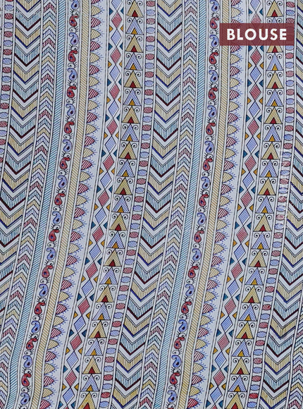 Pochampally silk saree cs blue and cream with allover ikat woven buttas and madhubani prints