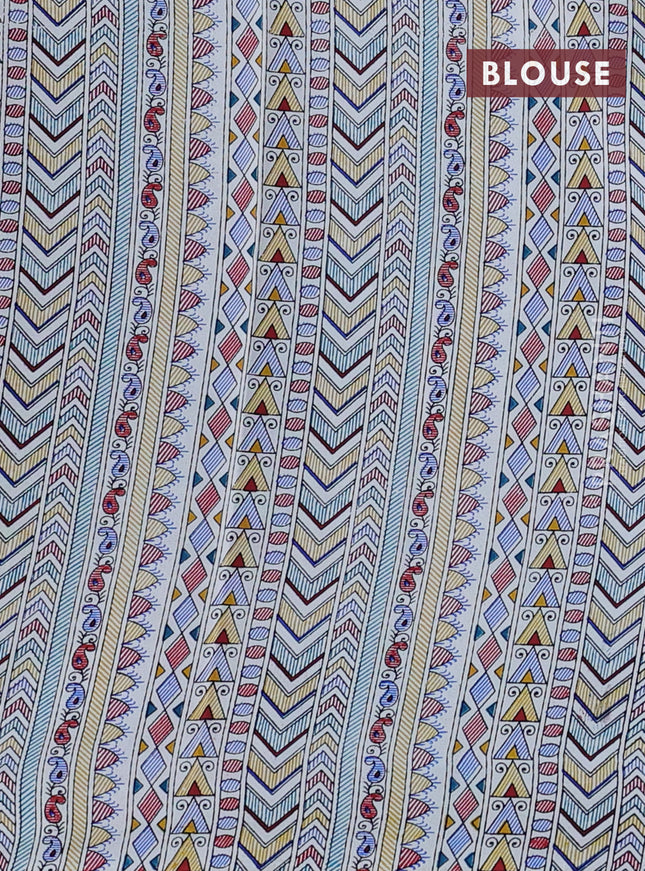 Pochampally silk saree cs blue and cream with allover ikat woven buttas and madhubani prints