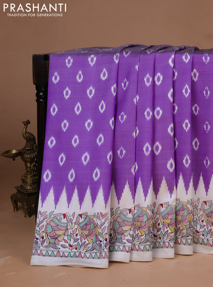 Pochampally silk saree lavender and cream with allover ikat woven buttas and madhubani prints