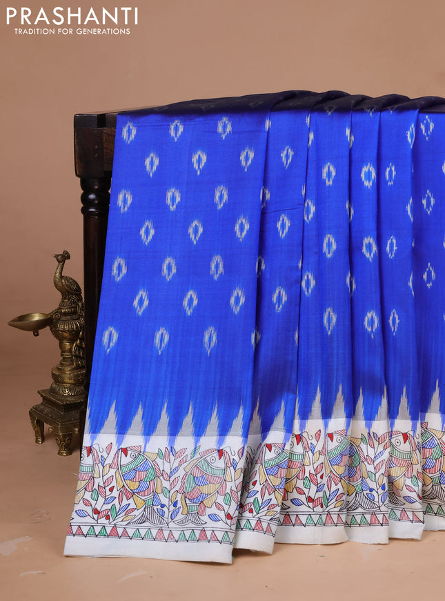 Pochampally silk saree blue and off white with allover ikat woven buttas and madhubani prints