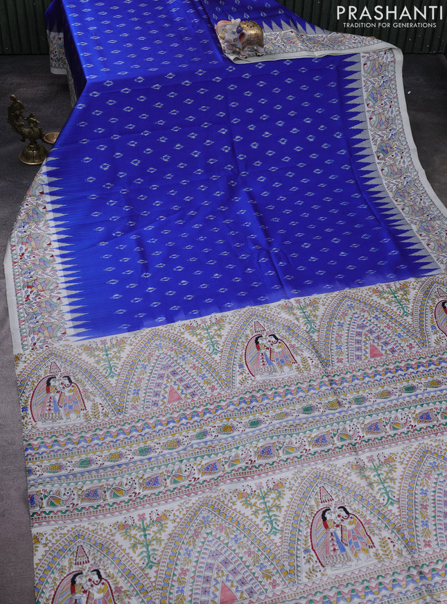 Pochampally silk saree blue and off white with allover ikat woven buttas and madhubani prints