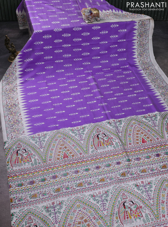Pochampally silk saree lavender and cream with allover ikat woven buttas and madhubani prints