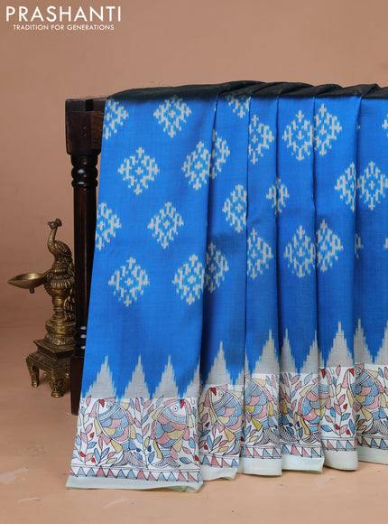Pochampally silk saree cs blue and cream with allover ikat woven buttas and madhubani prints