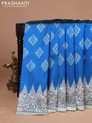 Pochampally silk saree cs blue and cream with allover ikat woven buttas and madhubani prints