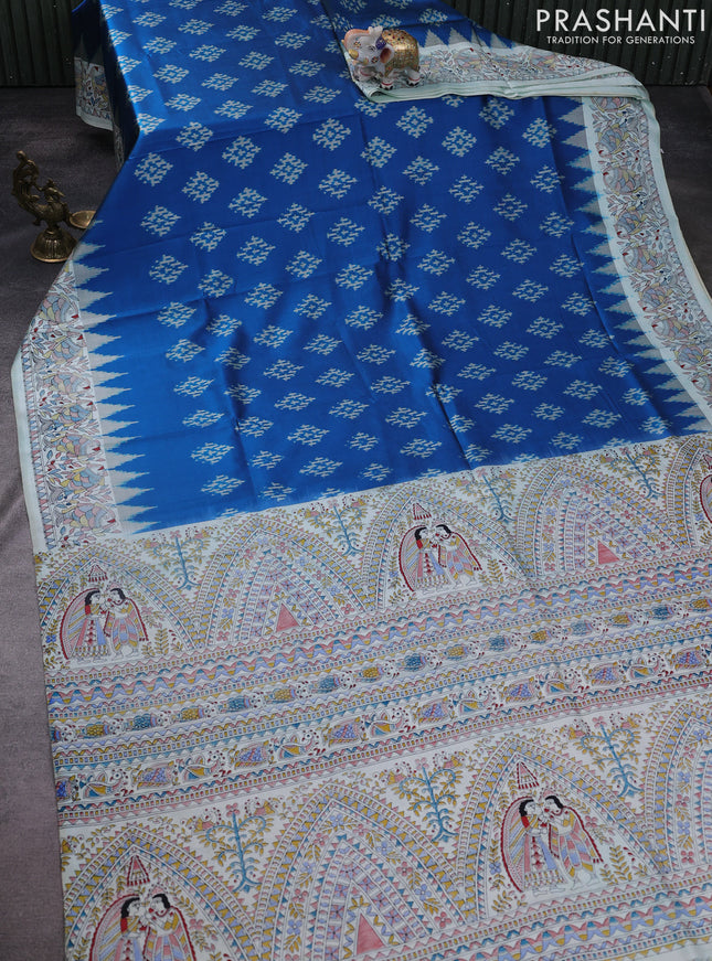 Pochampally silk saree cs blue and cream with allover ikat woven buttas and madhubani prints