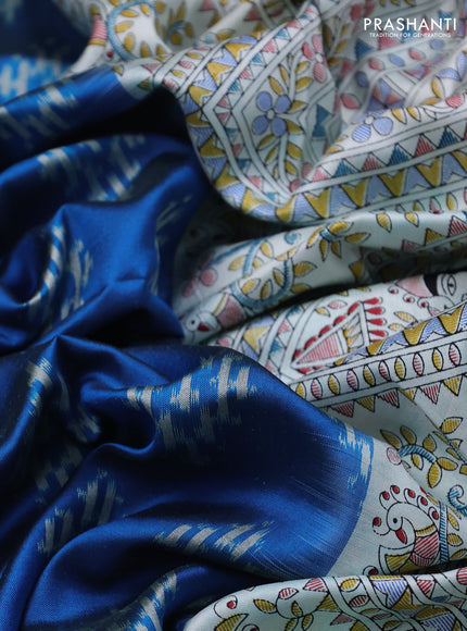 Pochampally silk saree cs blue and cream with allover ikat woven buttas and madhubani prints