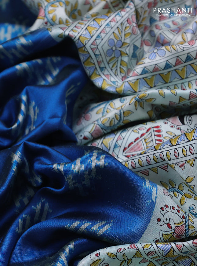 Pochampally silk saree cs blue and cream with allover ikat woven buttas and madhubani prints