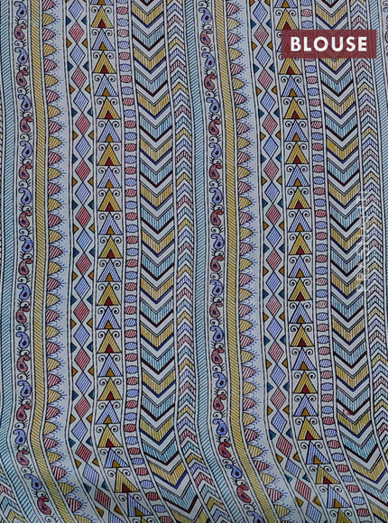 Pochampally silk saree cs blue and cream with allover ikat woven buttas and madhubani prints