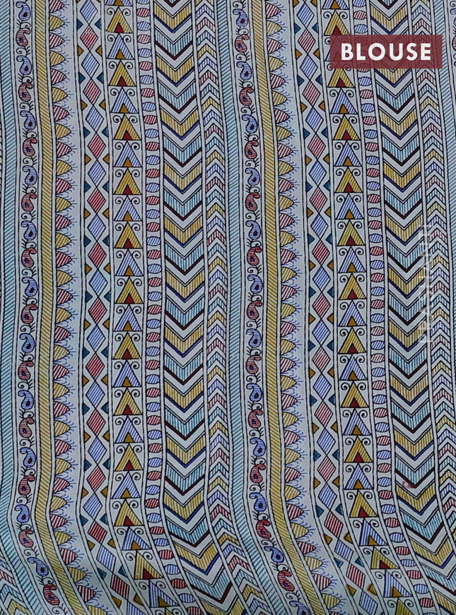 Pochampally silk saree cs blue and cream with allover ikat woven buttas and madhubani prints