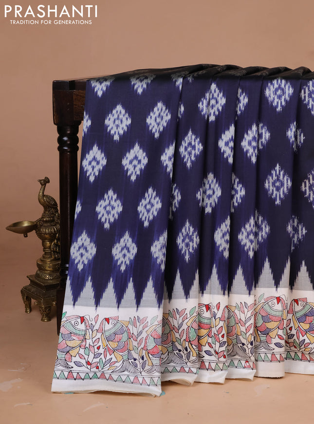 Pochampally silk saree navy blue and cream with allover ikat woven buttas and madhubani prints