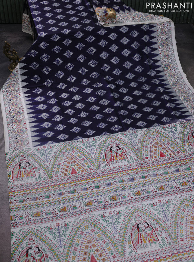 Pochampally silk saree navy blue and cream with allover ikat woven buttas and madhubani prints