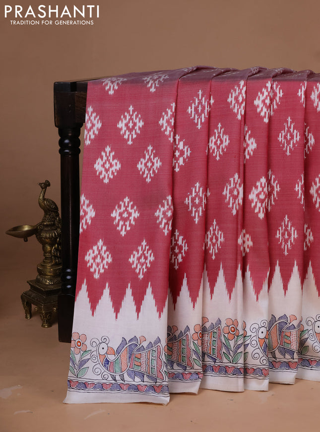Pochampally silk saree maroon and cream with allover ikat woven buttas and madhubani prints
