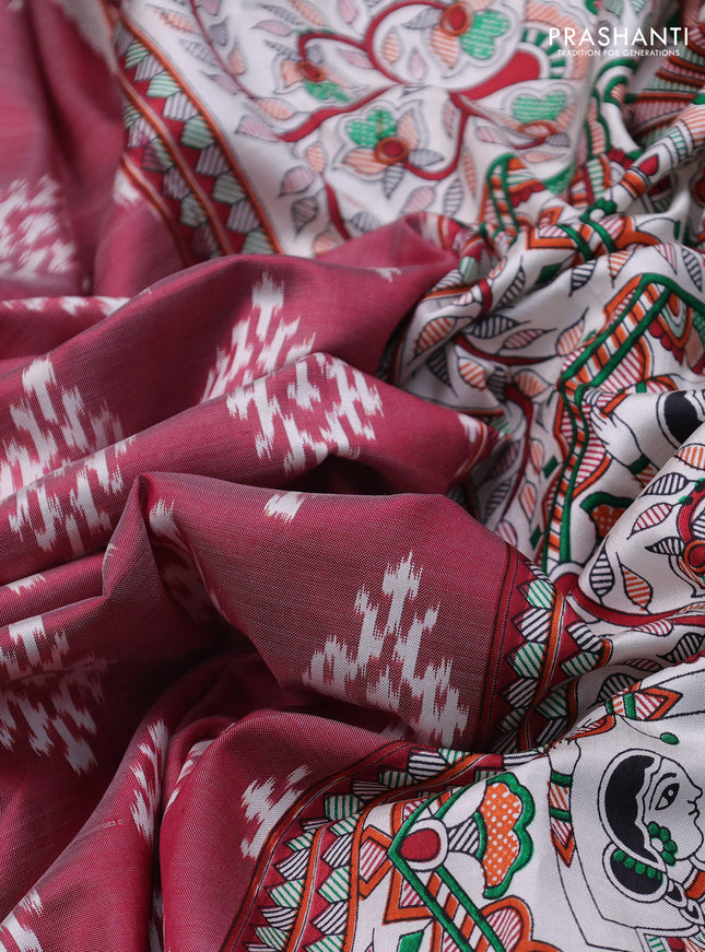 Pochampally silk saree maroon and cream with allover ikat woven buttas and madhubani prints
