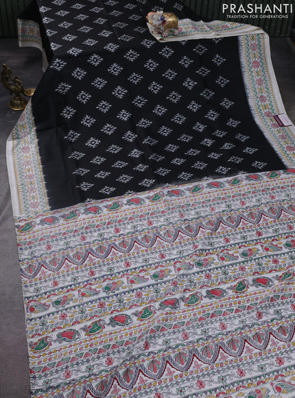 Pochampally silk saree black and cream with allover ikat woven buttas and madhubani prints