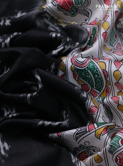 Pochampally silk saree black and cream with allover ikat woven buttas and madhubani prints