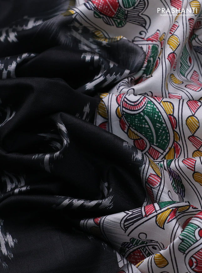 Pochampally silk saree black and cream with allover ikat woven buttas and madhubani prints