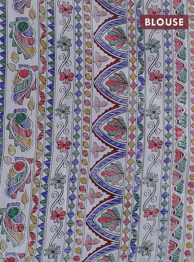 Pochampally silk saree teal green and cream with allover ikat woven buttas and madhubani prints