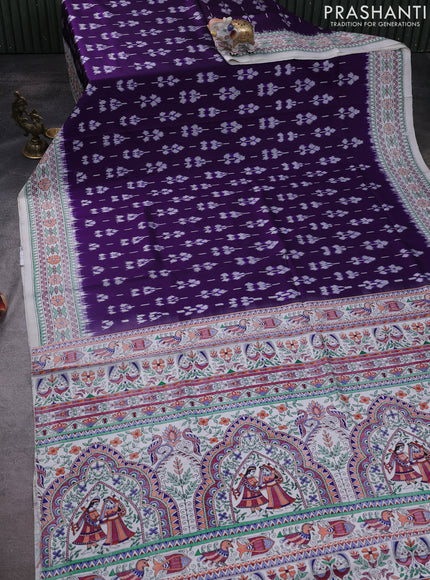Pochampally silk saree violet and off white with allover ikat weaves and madhubani prints