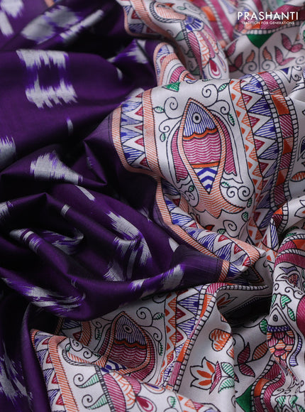 Pochampally silk saree violet and off white with allover ikat weaves and madhubani prints