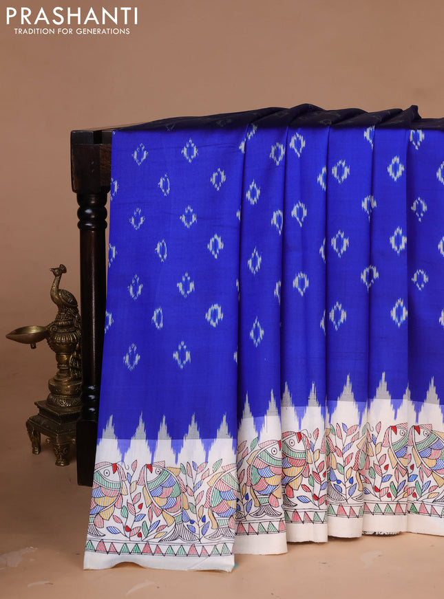 Pochampally silk saree royal blue and cream with allover ikat woven buttas and madhubani prints