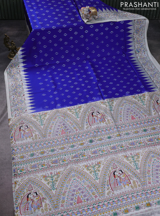 Pochampally silk saree royal blue and cream with allover ikat woven buttas and madhubani prints