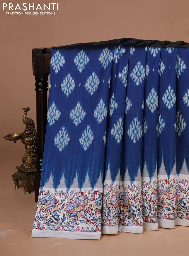 Pochampally silk saree peacock blue and cream with allover ikat woven buttas and madhubani prints