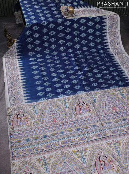 Pochampally silk saree peacock blue and cream with allover ikat woven buttas and madhubani prints