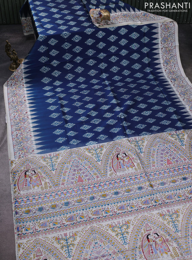 Pochampally silk saree peacock blue and cream with allover ikat woven buttas and madhubani prints