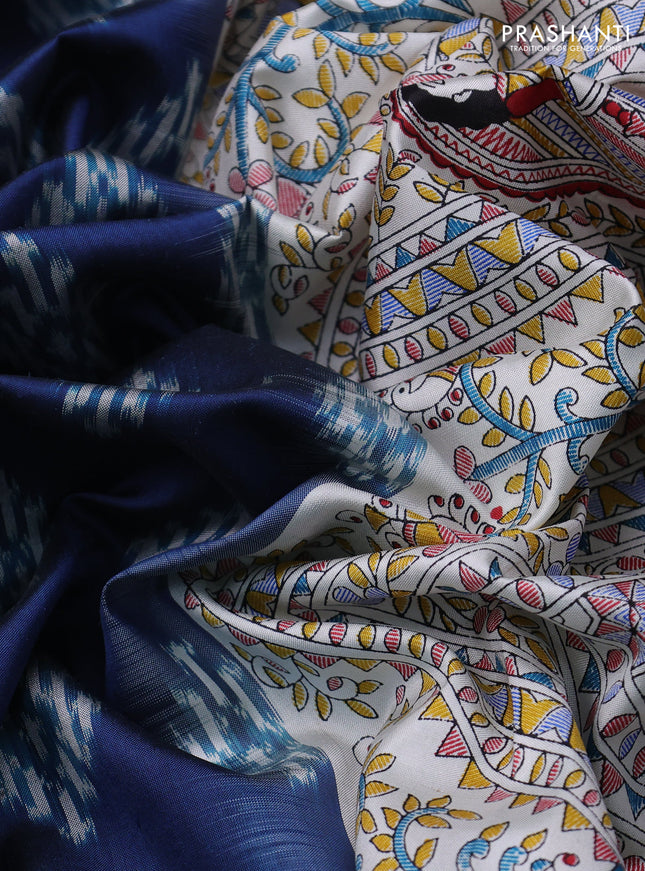 Pochampally silk saree peacock blue and cream with allover ikat woven buttas and madhubani prints