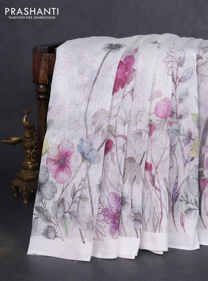 Pure linen silk saree off white with allover floral prints and simple border