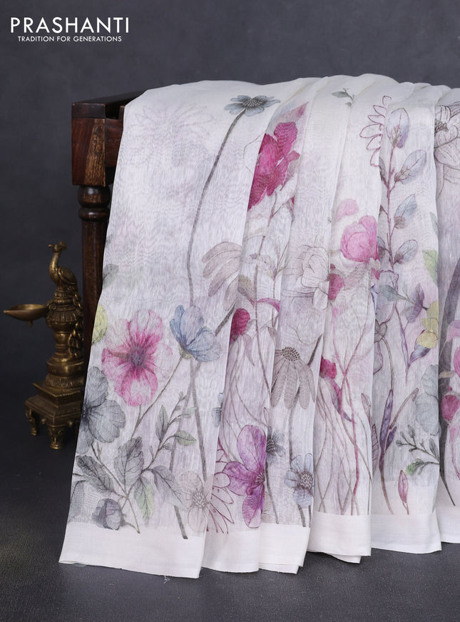 Pure linen silk saree off white with allover floral prints and simple border