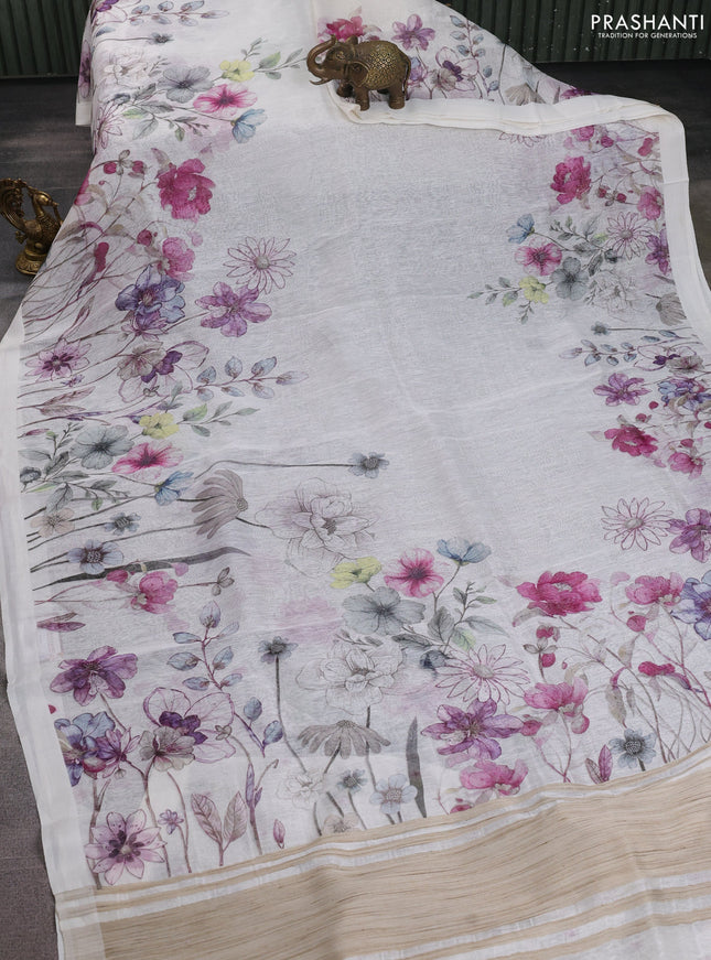 Pure linen silk saree off white with allover floral prints and simple border