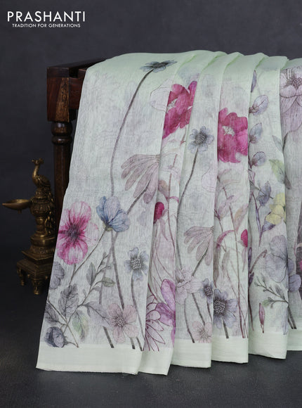 Pure linen silk saree mild pista green and grey with allover floral prints and simple border