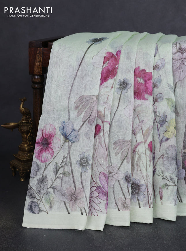 Pure linen silk saree mild pista green and grey with allover floral prints and simple border