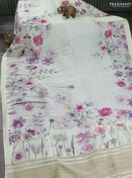 Pure linen silk saree mild pista green and grey with allover floral prints and simple border
