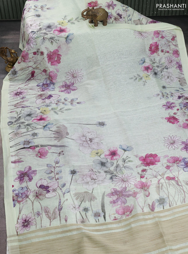 Pure linen silk saree mild pista green and grey with allover floral prints and simple border