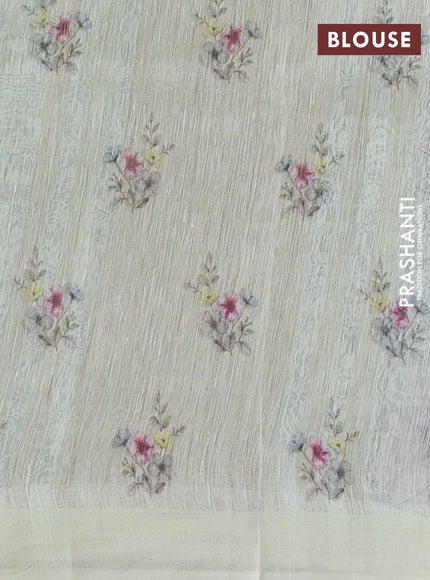 Pure linen silk saree mild pista green and grey with allover floral prints and simple border