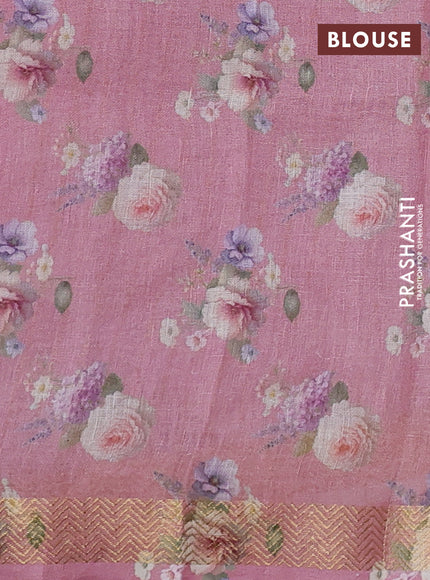 Pure linen silk saree mild peach with allover floral prints and zari woven border
