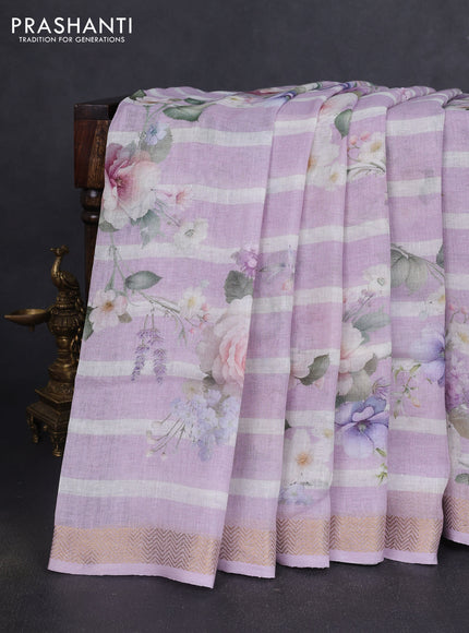 Pure linen silk saree mild lavender with allover floral prints and zari woven border