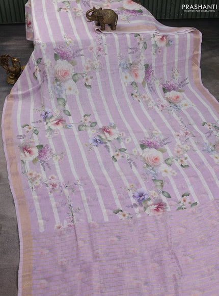 Pure linen silk saree mild lavender with allover floral prints and zari woven border