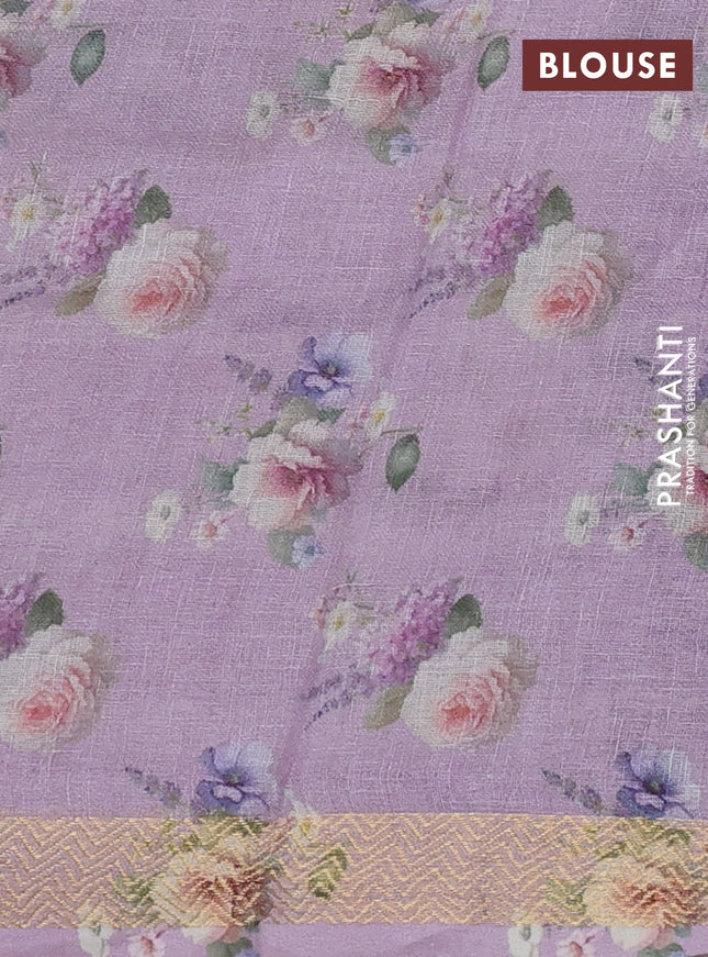 Pure linen silk saree mild lavender with allover floral prints and zari woven border
