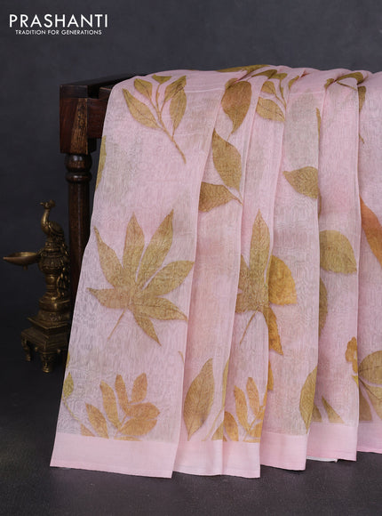 Pure linen silk saree mild peach with allover prints and simple border