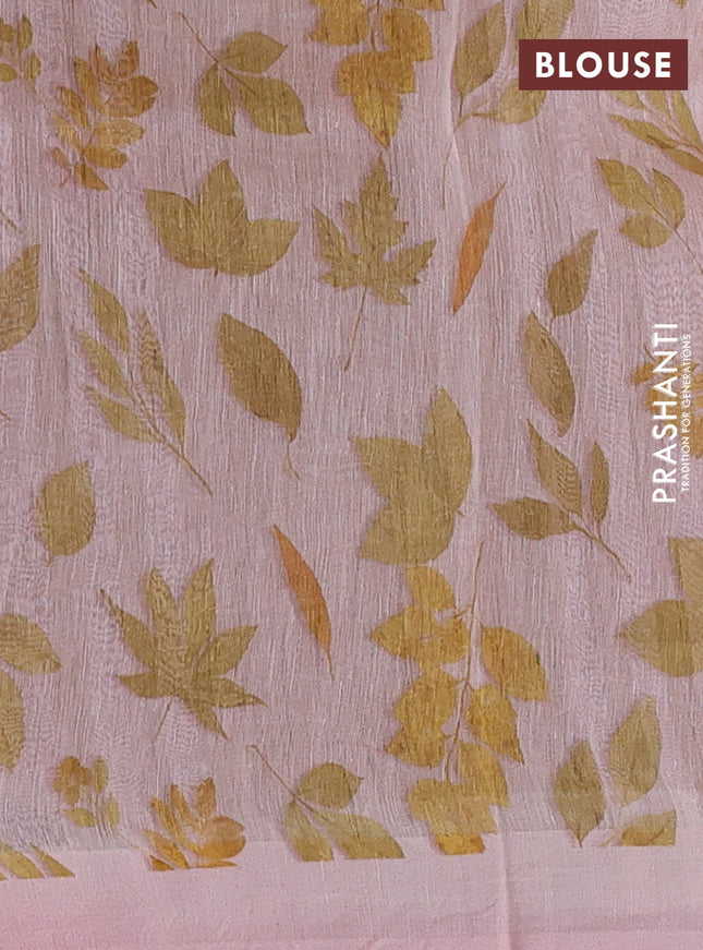 Pure linen silk saree mild peach with allover prints and simple border