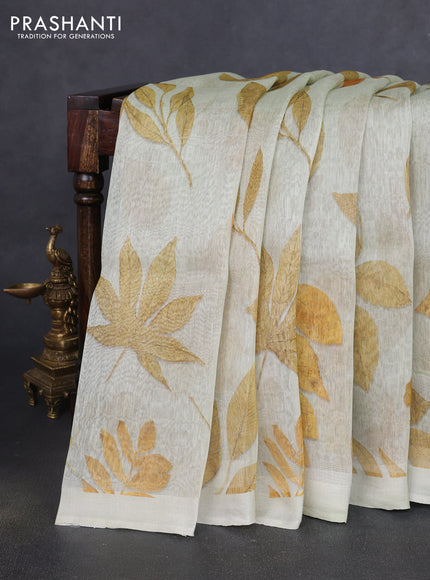 Pure linen silk saree mild pista green and mustard yellow with allover prints and simple border