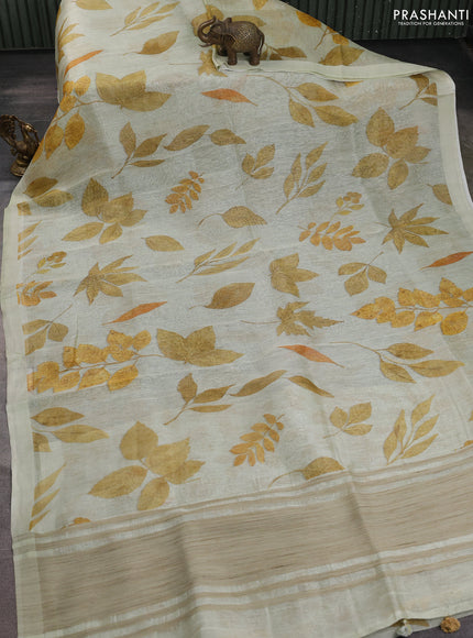 Pure linen silk saree mild pista green and mustard yellow with allover prints and simple border