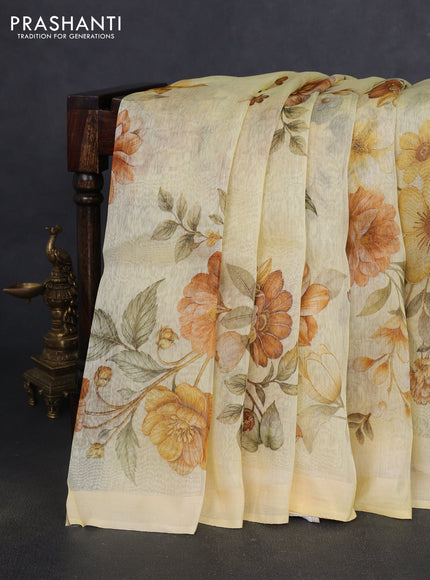 Pure linen silk saree pale yellow with allover floral prints and simple border